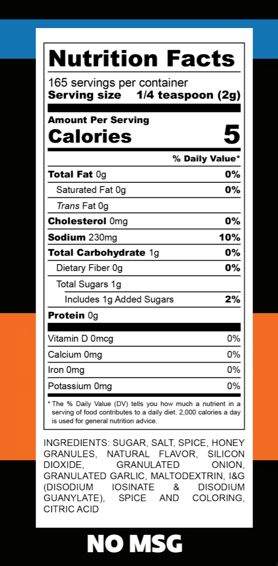 Myron Mixon Honey Money Cluck Rub, MSG Free, nutrition facts label